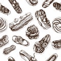 Vector illustration sketch eclair. Pattern profiterole.