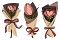 Vector illustration of sketch hand drawn set of bouquet with colorful pink peony, tulip and rose flowers. Royalty Free Stock Photo