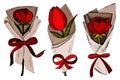 Vector illustration of sketch hand drawn set of bouquet with colorful red peony, tulip and rose flowers.