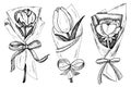 Vector illustration of sketch hand drawn set of bouquet with peony, tulip and rose flowers. Royalty Free Stock Photo