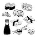 Vector illustration of sketch hand drawn set of sushi menu. Japanese, Chinese, Korean, asian food. Royalty Free Stock Photo