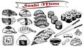 Vector illustration of sketch hand drawn set of sushi menu. Japanese, Chinese, Korean, asian food Royalty Free Stock Photo