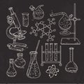 Set of various devices for chemical experiments on black background Royalty Free Stock Photo