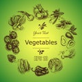 Vector illustration sketch of vegetables. Tomato, Peas, broccoli, asparagus, artichoke, cabbage, eggplant, avocado, arugula, basil