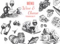 Vector illustration sketch -wine and cheese. Card Menu restaurant. vintage design template, banner
