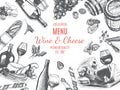Vector illustration sketch -wine and cheese. Card Menu restaurant. vintage design template, banner.