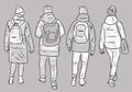 Vector illustration of sketches teens students walking outdoors Royalty Free Stock Photo