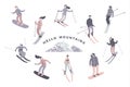 Vector illustration of skiers and snowboarders.