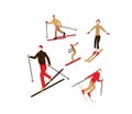 Vector illustration of skiers and snowboarders. Sports men and women in the ski resort.