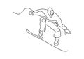 Vector illustration of skiing young pro guy in the mountains, and snowboarding. Continuous one line drawing. Minimalism design