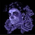 Vector illustration of skull girl with roses. Skull sugar flower on black background Royalty Free Stock Photo