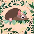 Vector illustration with sleeping bear ,leaves, branches and flower. Lovely cute children illustration. Kids illustration