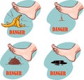 Vector illustration of slide on slippery ground banana, nails, oil, stool