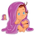 Vector illustration of small child after bath wrapped in a towel isolated on white.