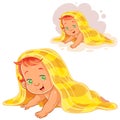 Vector illustration of small child after bath wrapped in a towel isolated on white.