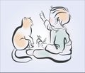 Vector illustration. A small child playing with a cat.