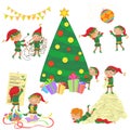 Vector illustration of small cute elves decorating Christmas tree set.