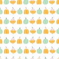 Vector illustration of small cute pumpkins in rows on a white background.