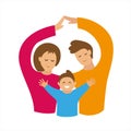 Vector illustration of a small family. Mom, dad and baby, son opens his arms. Happy family holds hands in the shape of a heart,