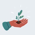 Vector illustration of small plant in palm of human hand on white background.