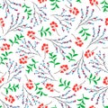 Vector illustration. small sakura tree with flowers, berries and green leaves branches seamless repeat pattern.