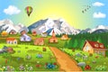Vector illustration of a small village on hills with lots of flowers all around Royalty Free Stock Photo