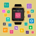 Smart Watch device display with app icons. Isolated on gold background. Royalty Free Stock Photo