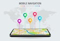 Vector illustration of smartphone with mobile navigation app on screen. Route map with symbols showing location of man