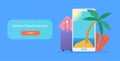 Vector illustration with smartphone, palm tree, island in the sea,credit card, luggage and flippers. Concept online Royalty Free Stock Photo