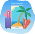 Vector illustration with smartphone, palm tree, island in the sea,credit card, luggage and flippers. Concept online Royalty Free Stock Photo