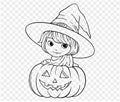 Vector illustration of a smile hand-drawn pumpkin and cute girl wears witches hat in a brush-style, isolated on a transparent PNG