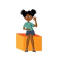 Vector illustration of a smiling African American girl sitting on a cube.