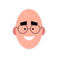 Vector illustration of a smiling bold man wearing glasses. Portrait of handsome cheerful face with glasses. Avatar, profile, ID