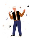 Vector illustration of a smiling boy who sings. A man in stylish clothes speaks to the public. A character with a microphone in Royalty Free Stock Photo