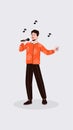 Vector illustration of a smiling boy who sings. A man in stylish clothes speaks to the public. A character with a microphone in Royalty Free Stock Photo