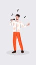 Vector illustration of a smiling boy who sings. A man in stylish clothes speaks to the public. A character with a microphone in Royalty Free Stock Photo