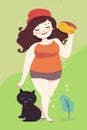 Vector illustration of a smiling chubby woman holding a hamburger