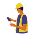 Vector illustration of smiling electrician holding in hands electrical tester