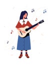 Vector illustration of a smiling girl who sings and plays the guitar. A girl in stylish clothes is performing, and notes are