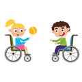 Vector illustration of smiling little boy and girl on wheelchair Royalty Free Stock Photo