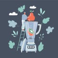 Vector illustration of smiling tiny man cooking smoothie in big giant blender on dark backgound.