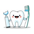 Vector illustration of smiling tooth holding toothbrush and toothpaste in cartoon, minimalist and flat style Royalty Free Stock Photo