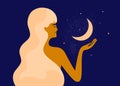 Vector illustration of smiling woman with long light hair holding crescent moon in hand