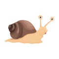 Vector illustration of a snail with a brown shell in a cartoon style. Cheerful snail emotional, brooding, comical, lips with the