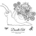 Vector illustration , snail with a pointer in flower frame. Doodle drawing. Meditative exercises. Coloring book anti