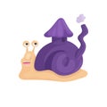 Vector illustration of a snail with a purple shell in a cartoon style. The snail looks funny, the shell is shaped like a house