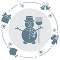 Vector illustration: snowman in hat with broom, gift, rings, mittens, children's hat, snowflakes. Funny cartoon winter Royalty Free Stock Photo