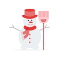 Vector illustration with snowman in hat and scarf with broom. Funny cartoon winter illustration . Happy New Year, Christmas Royalty Free Stock Photo