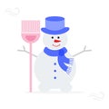 Snowman in hat, scarf with broom Royalty Free Stock Photo