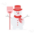 Snowman in hat, scarf with broom Royalty Free Stock Photo